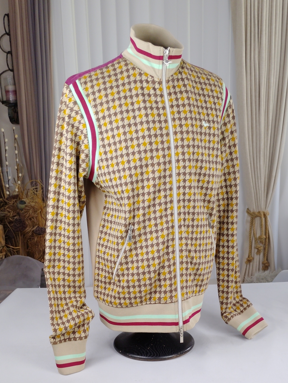 Modern Amusement Men's Beige Patterned Zip-Front Track Jacket